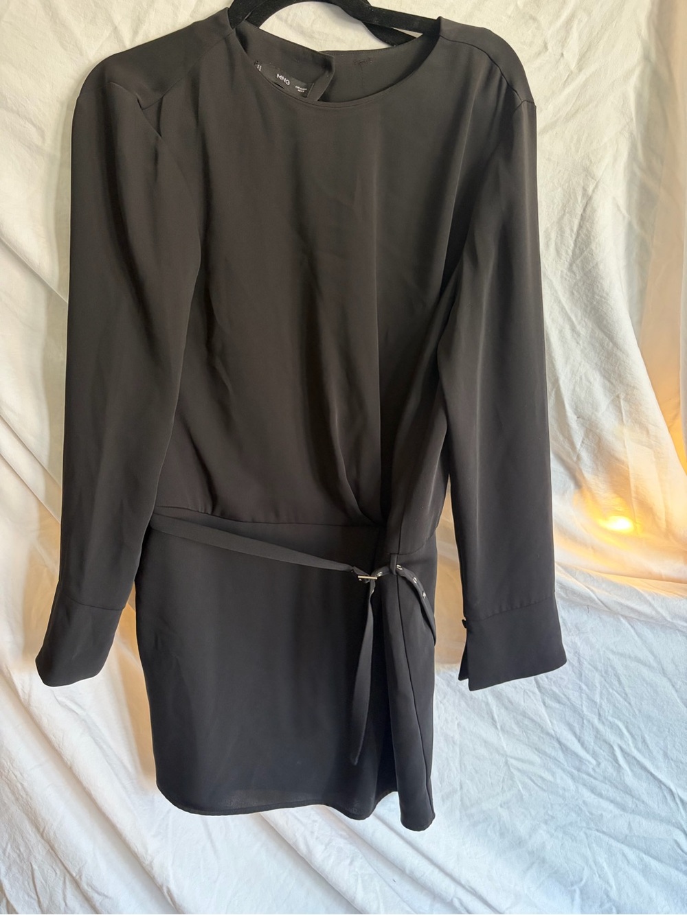 Black Long-Sleeve Tie-Waist Midi Dress